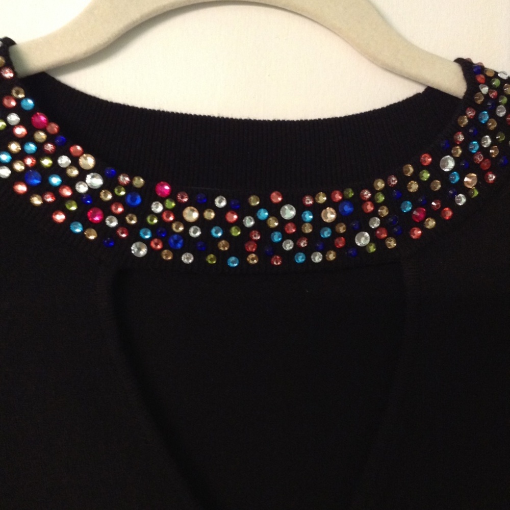 Black Sweater With Multicolor Sparkling Crystals Around the Whole Neck XL INC - Picture 2 of 3